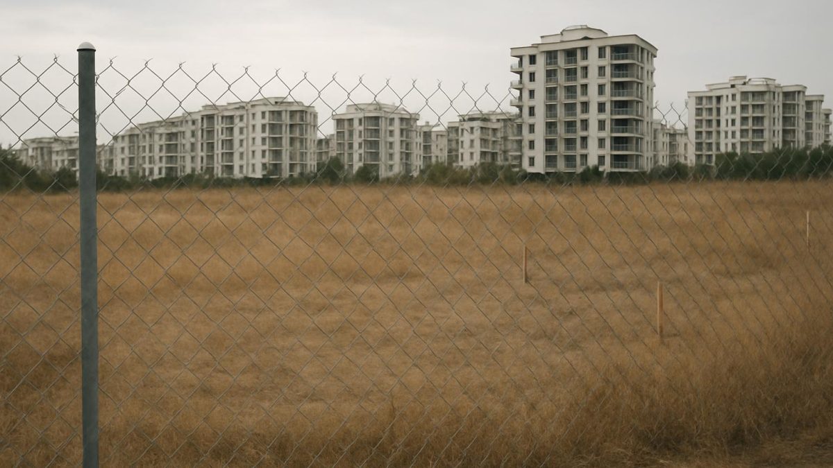 Yeni yapıların arasında kalan, çitle çevrili boş bir arsa