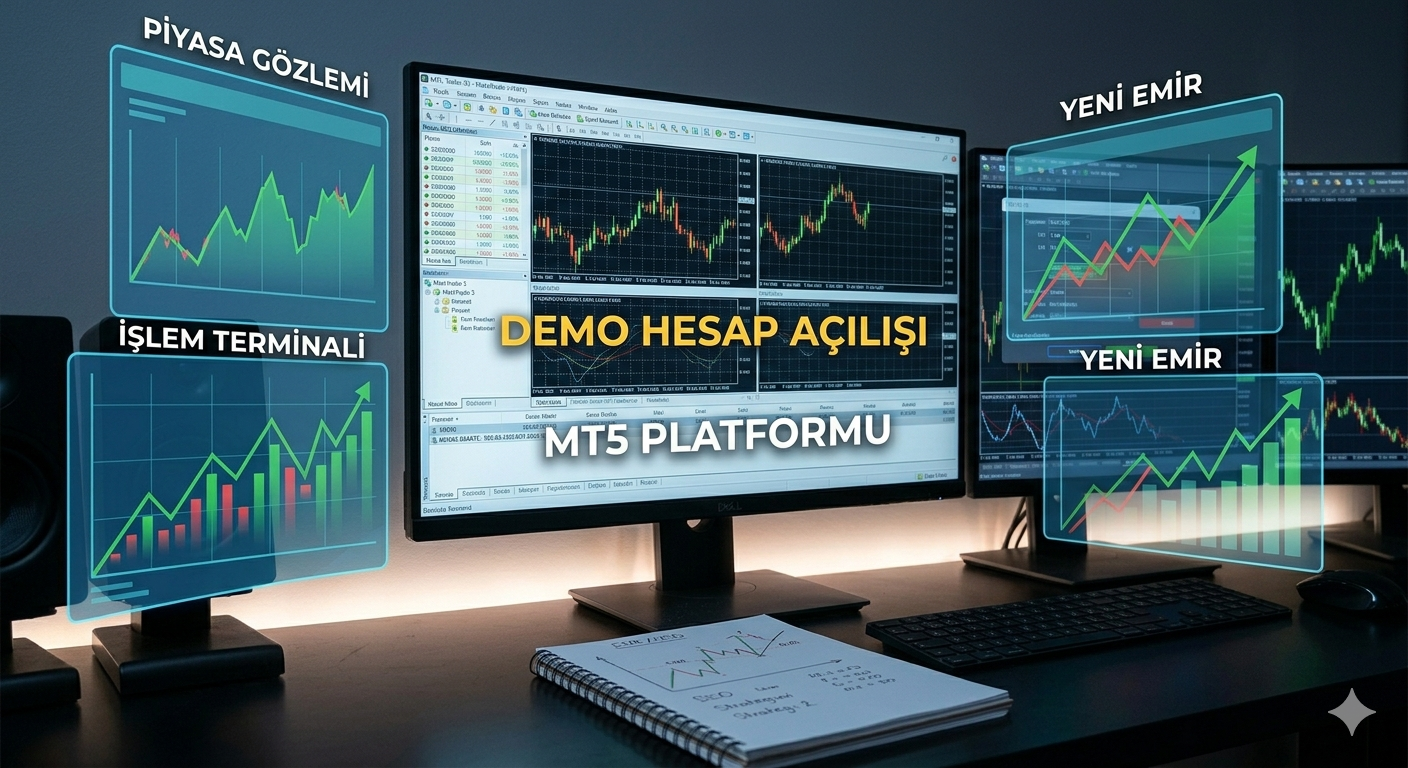 MetaTrader 5 işlem platformu ekranı — forex demo hesap ile candlestick grafik ve emir paneli görünümü
