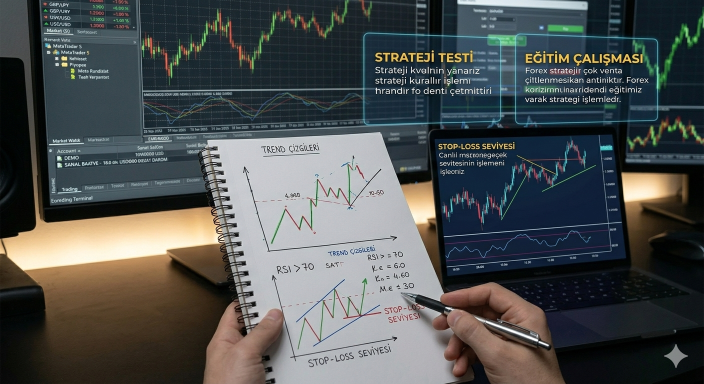 Forex demo hesapta strateji test çalışması — defterde çizilmiş grafik notları ve yanında dizüstü bilgisayarda açık forex grafikleri
