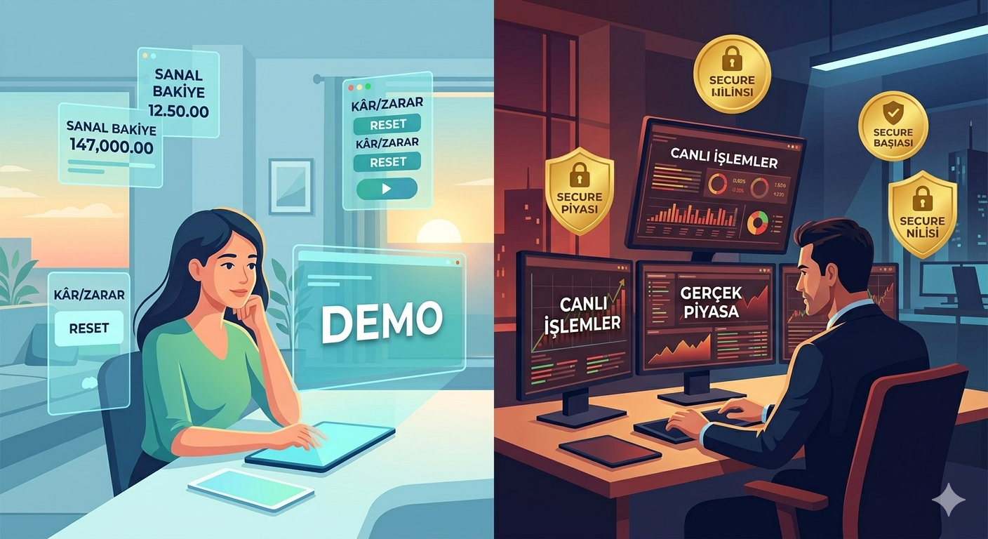 Forex demo hesap ve gerçek hesap karşılaştırması — sol tarafta pratik ortamı, sağ tarafta profesyonel çoklu monitör işlem masası
