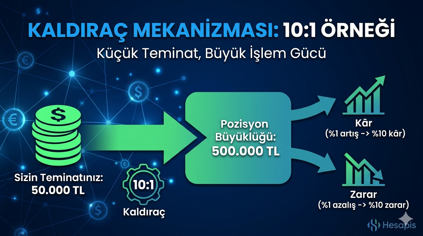Kaldıraç mekanizması şeması: teminat, pozisyon büyüklüğü ve kaldıraç oranı ilişkisi